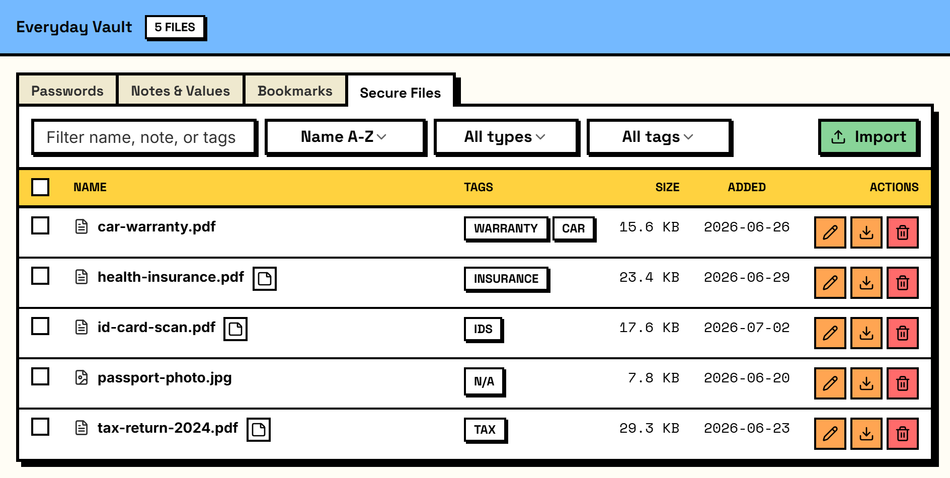 LocnLock secure files view: personal documents — ID, insurance, and tax records — stored and encrypted with tags.